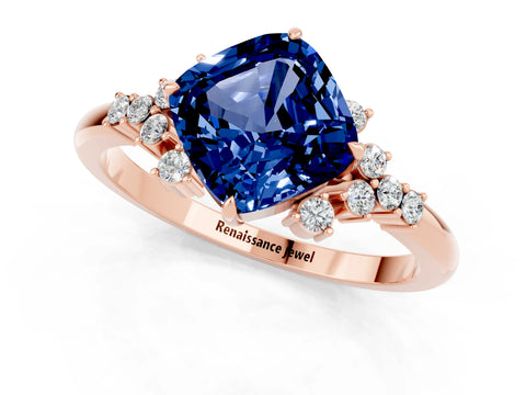 Rose gold Cushion Cut Blue Sapphire Ring with Side Stones and Four-Prong Setting_37