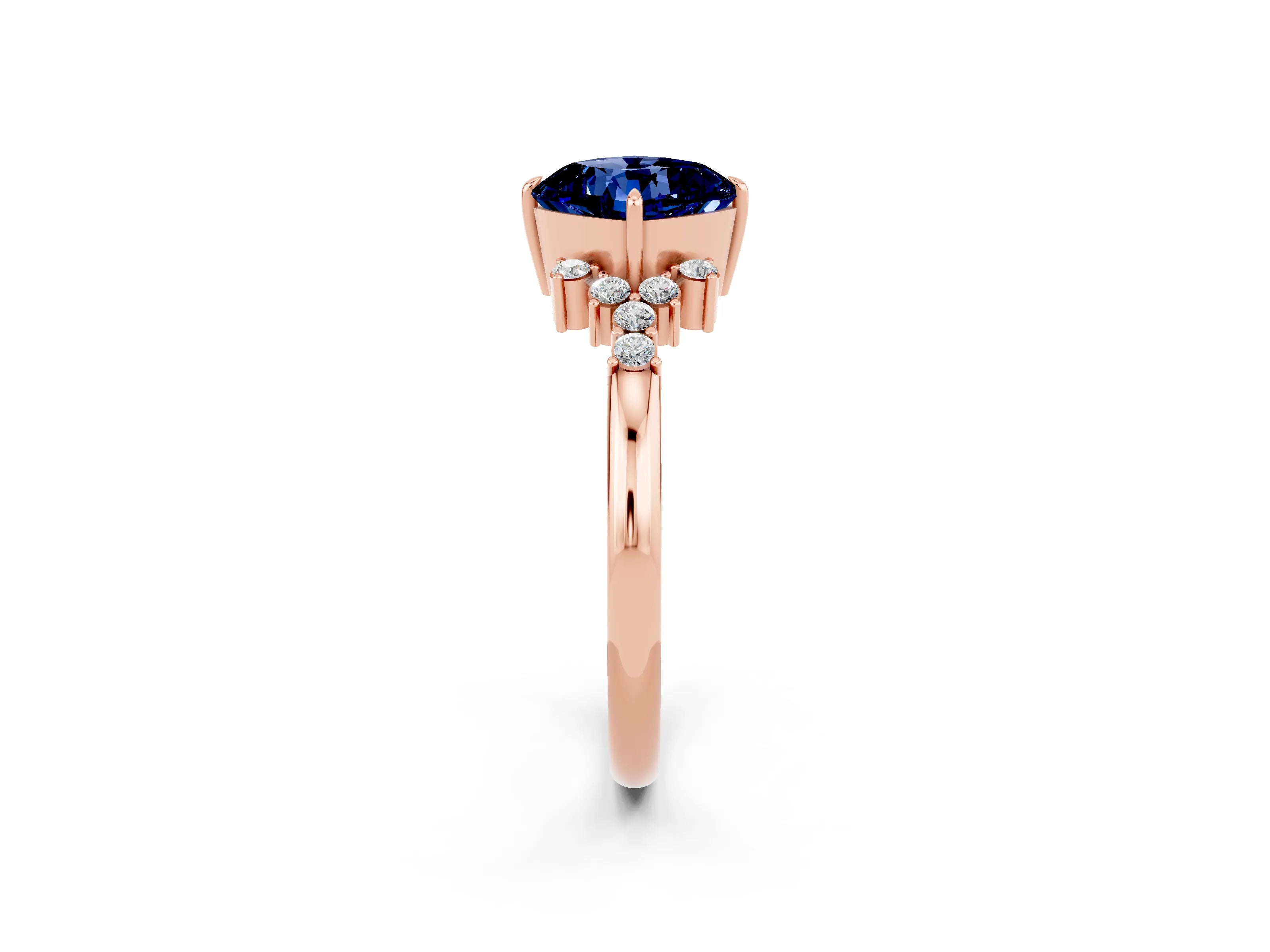 Rose gold Cushion Cut Blue Sapphire Ring with Side Stones and Four-Prong Setting_38