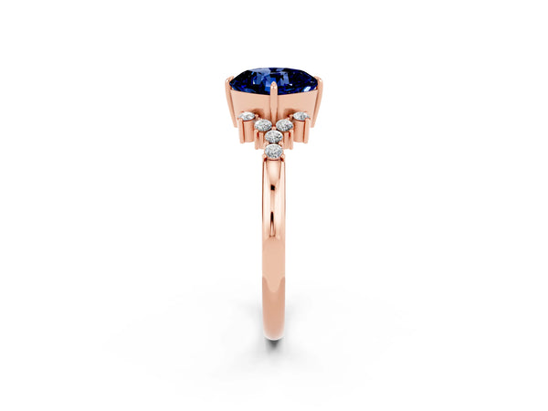 Rose gold Cushion Cut Blue Sapphire Ring with Side Stones and Four-Prong Setting