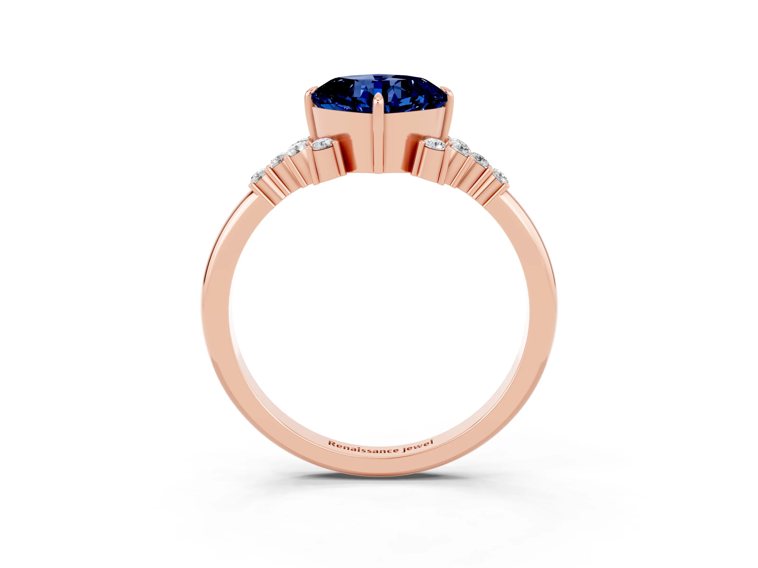 Rose gold Cushion Cut Blue Sapphire Ring with Side Stones and Four-Prong Setting_39