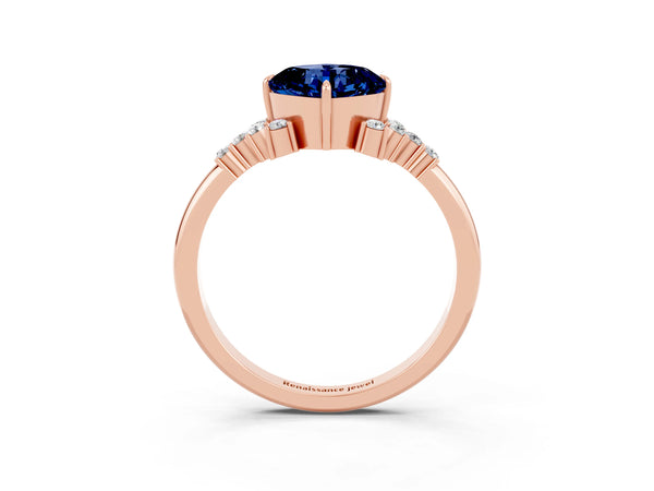Rose gold Cushion Cut Blue Sapphire Ring with Side Stones and Four-Prong Setting