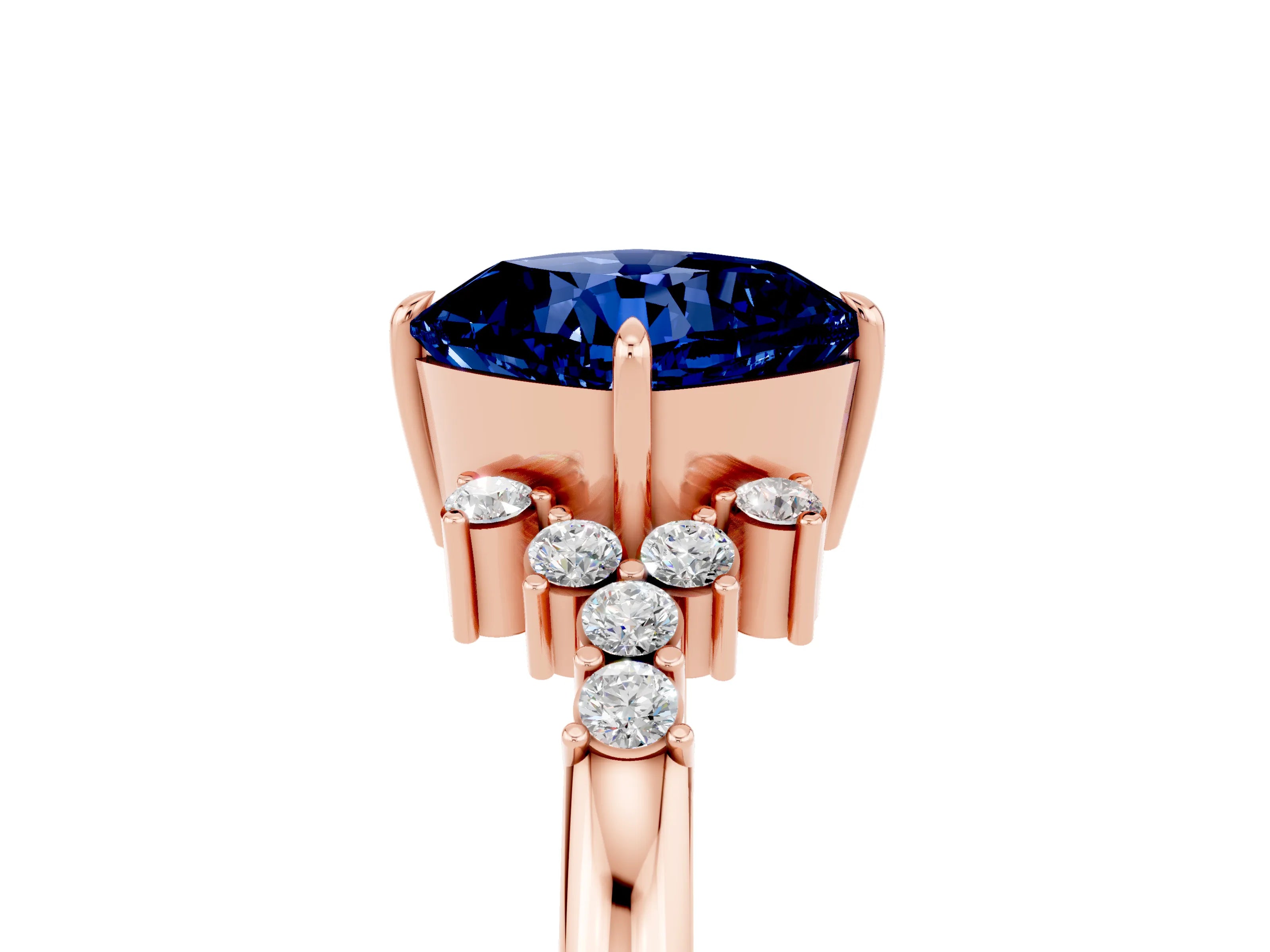 Rose gold Cushion Cut Blue Sapphire Ring with Side Stones and Four-Prong Setting_41