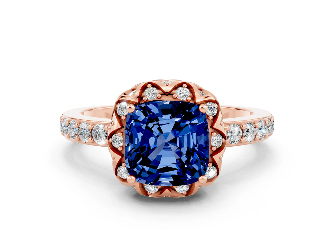 Rose gold Cushion Cut Blue Sapphire Scalloped Halo Engagement Ring with Round Shared Prong Band_24