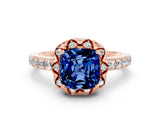 Rose gold Cushion Cut Blue Sapphire Scalloped Halo Engagement Ring with Round Shared Prong Band_24