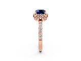 Rose gold Cushion Cut Blue Sapphire Scalloped Halo Engagement Ring with Round Shared Prong Band_26