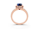 Rose gold Cushion Cut Blue Sapphire Scalloped Halo Engagement Ring with Round Shared Prong Band_27