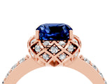 Rose gold Cushion Cut Blue Sapphire Scalloped Halo Engagement Ring with Round Shared Prong Band_28