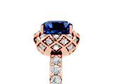 Rose gold Cushion Cut Blue Sapphire Scalloped Halo Engagement Ring with Round Shared Prong Band_29