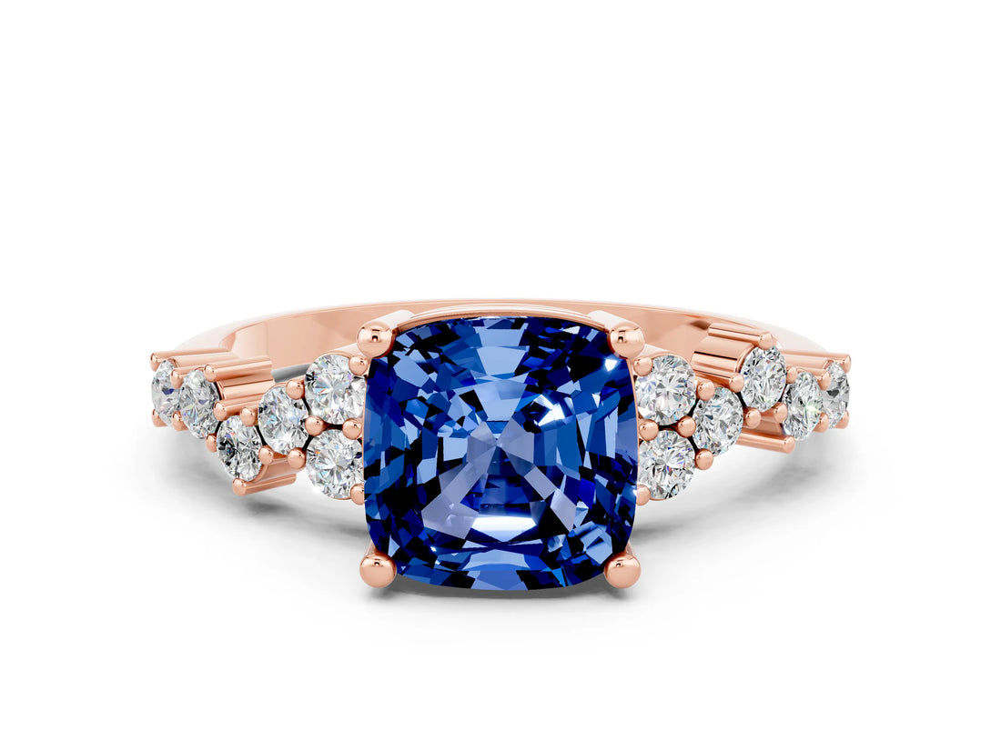 Rose gold Cushion Cut Blue Sapphire Scattered Round Accent Ring with Prong Setting_24