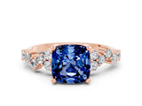 Rose gold Cushion Cut Blue Sapphire Scattered Round Accent Ring with Prong Setting_24