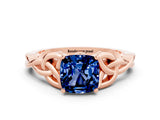 Rose gold Cushion Cut Blue Sapphire Solitaire Celtic Knot Ring with Four-Prong Setting_12