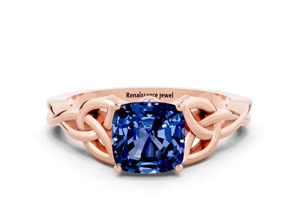 Rose gold Cushion Cut Blue Sapphire Solitaire Celtic Knot Ring with Four-Prong Setting