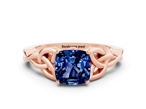 Rose gold Cushion Cut Blue Sapphire Solitaire Celtic Knot Ring with Four-Prong Setting_12