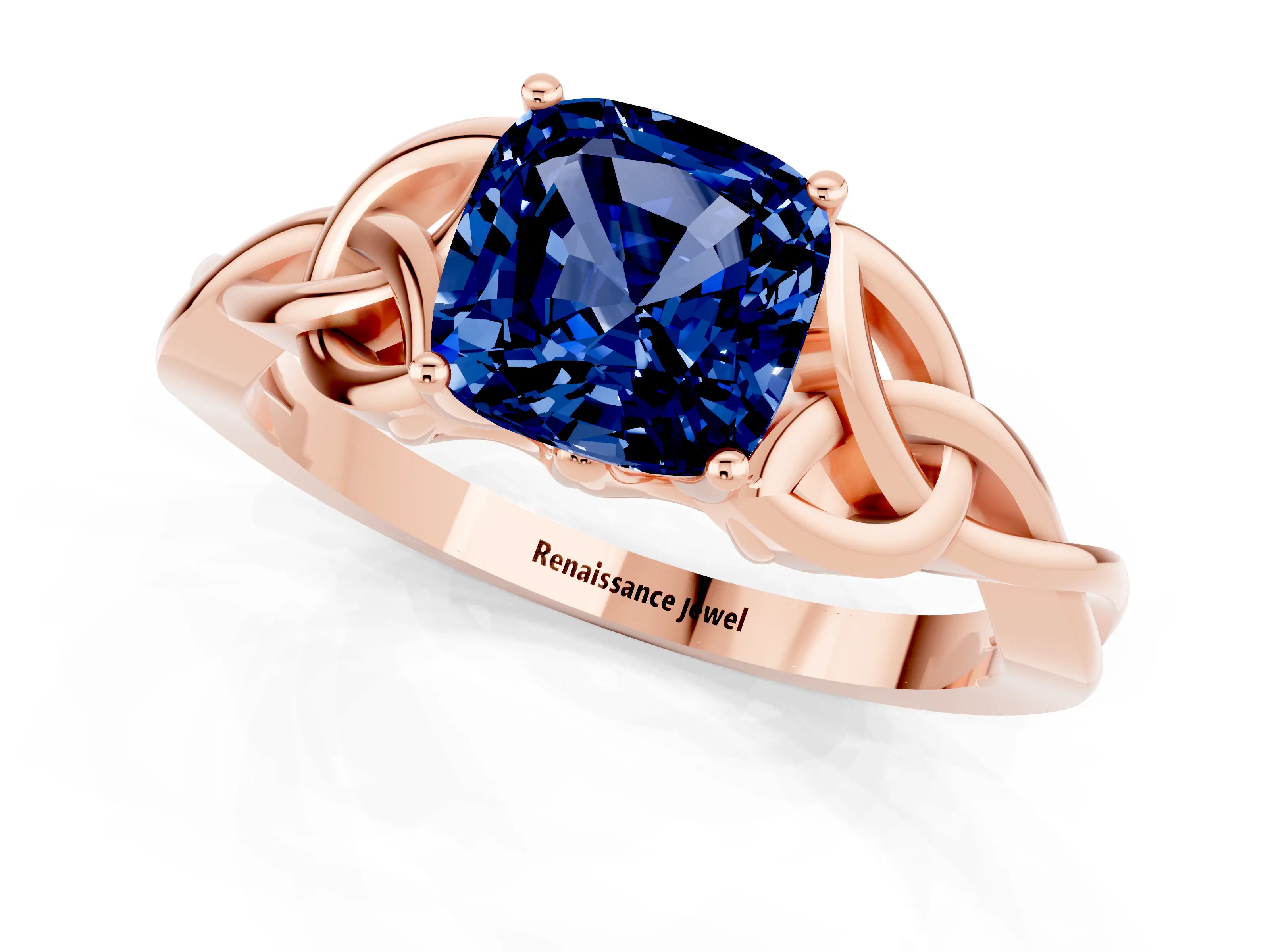 Rose gold Cushion Cut Blue Sapphire Solitaire Celtic Knot Ring with Four-Prong Setting_13