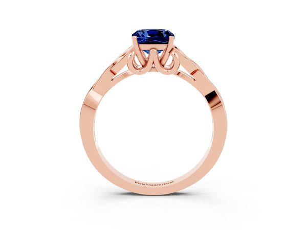 Rose gold Cushion Cut Blue Sapphire Solitaire Celtic Knot Ring with Four-Prong Setting