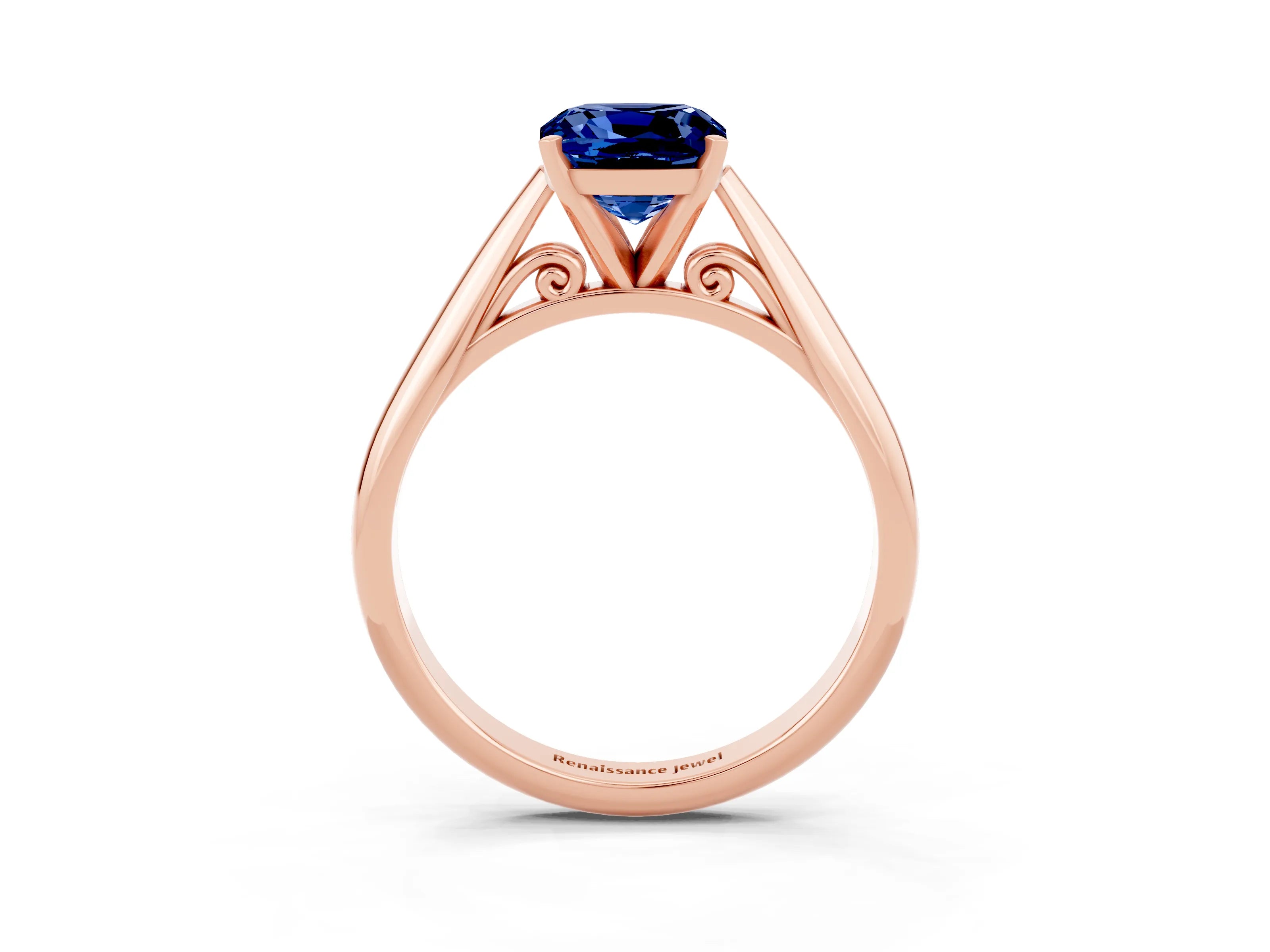 Rose gold Cushion Cut Blue Sapphire Solitaire Engagement Ring with Cathedral Setting and Four-Prong Mount_15