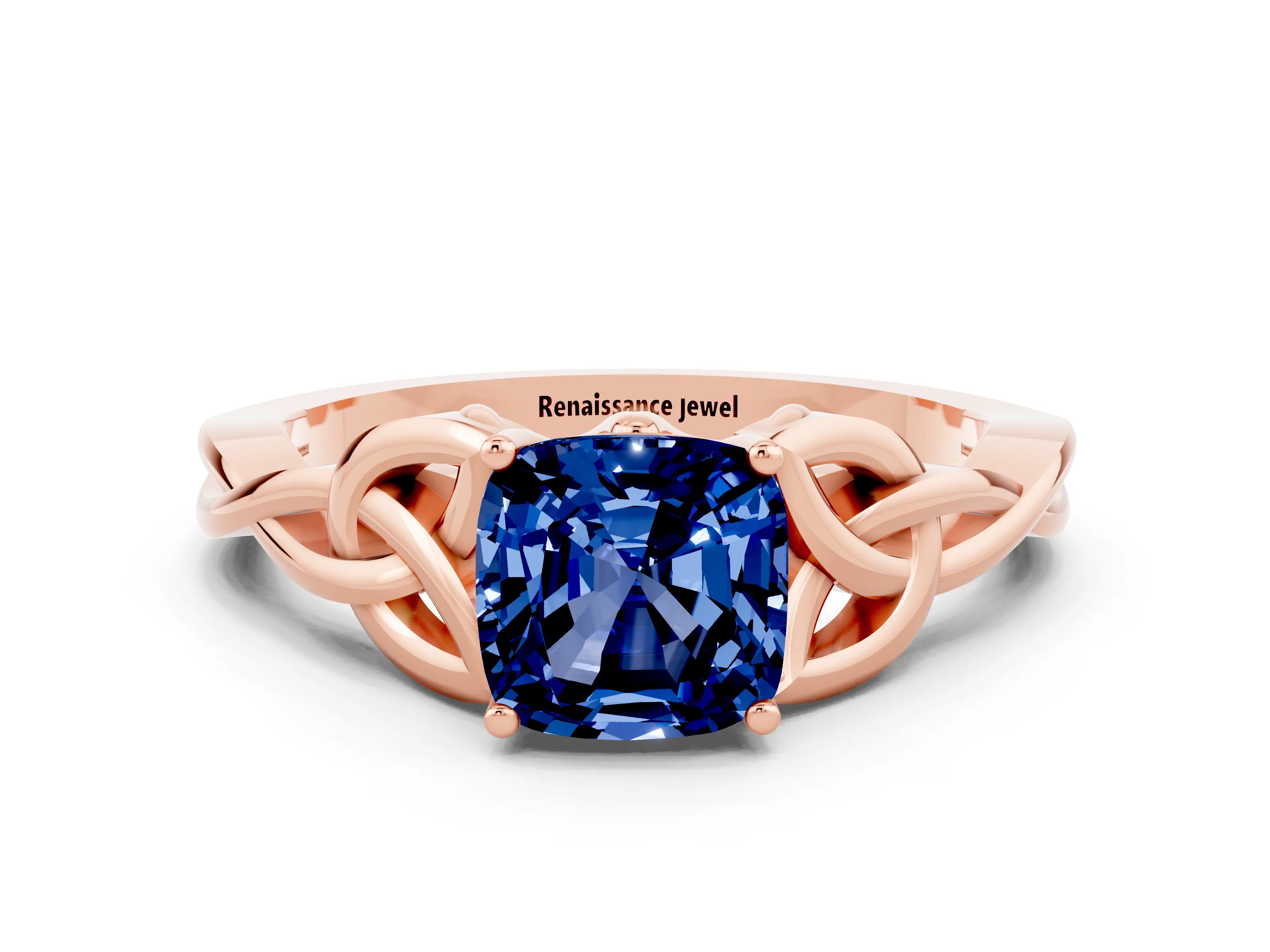 Rose gold Cushion Cut Blue Sapphire Solitaire Engagement Ring with Celtic Knot Band and Four-Prong Setting