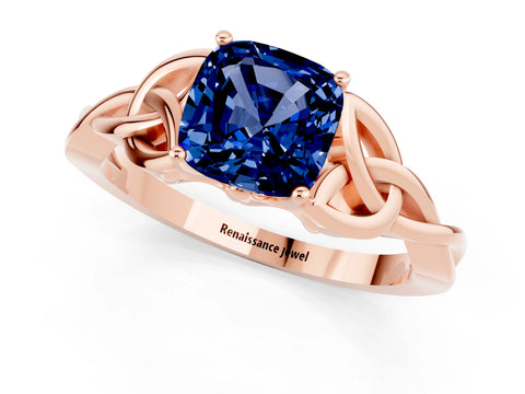 Rose gold Cushion Cut Blue Sapphire Solitaire Engagement Ring with Celtic Knot Band and Four-Prong Setting_1