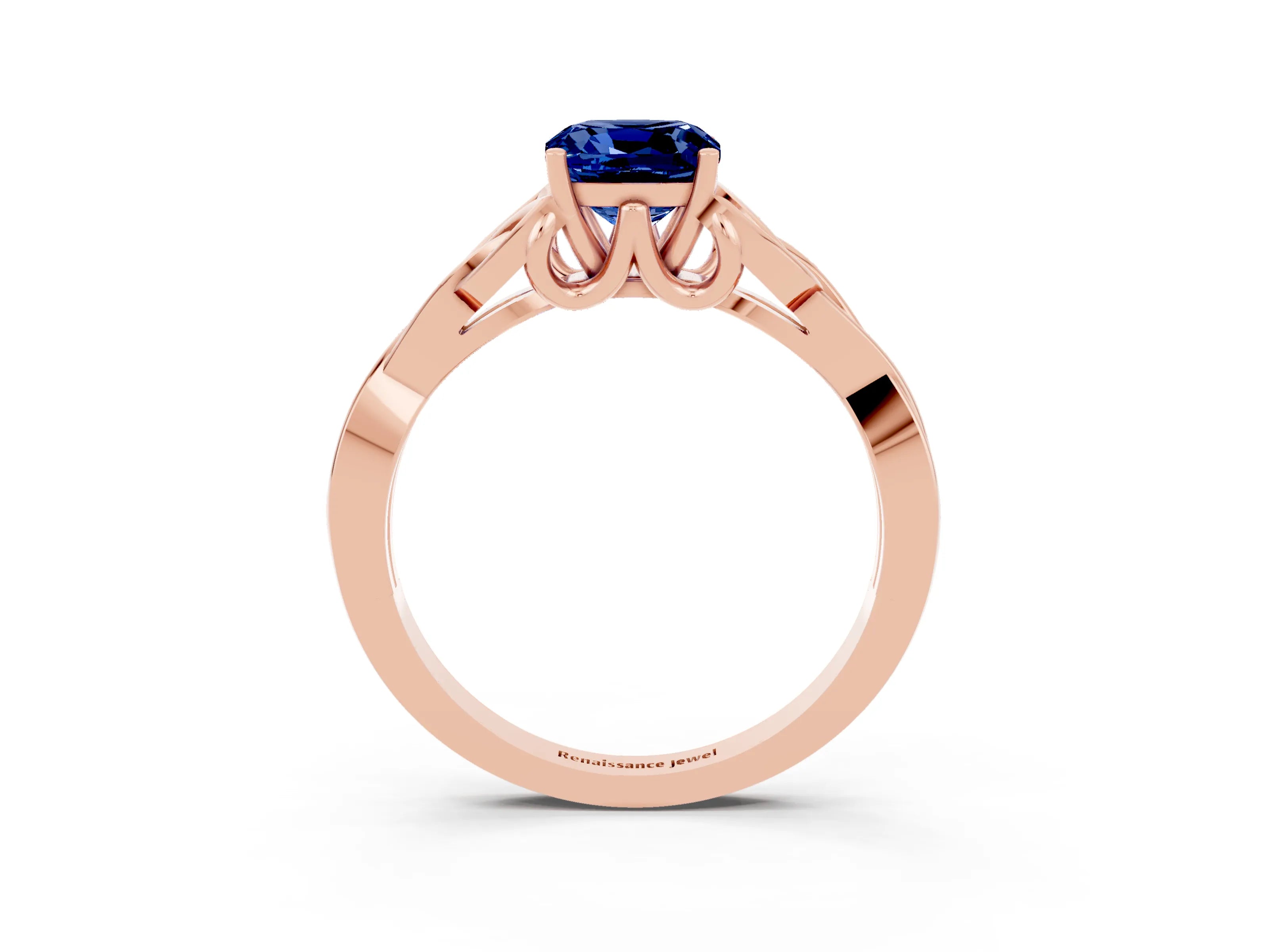 Rose gold Cushion Cut Blue Sapphire Solitaire Engagement Ring with Celtic Knot Band and Four-Prong Setting_3