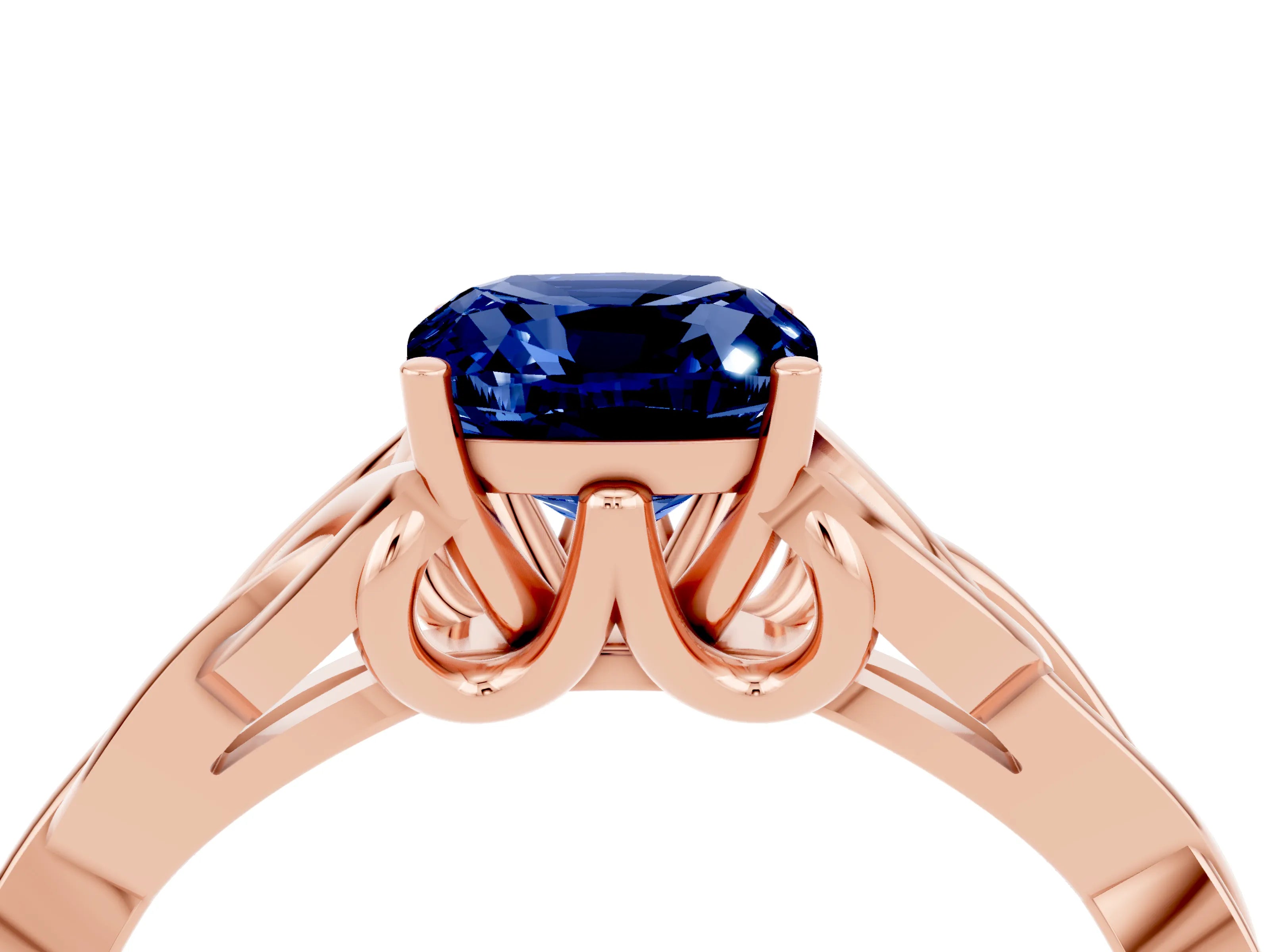 Rose gold Cushion Cut Blue Sapphire Solitaire Engagement Ring with Celtic Knot Band and Four-Prong Setting_4