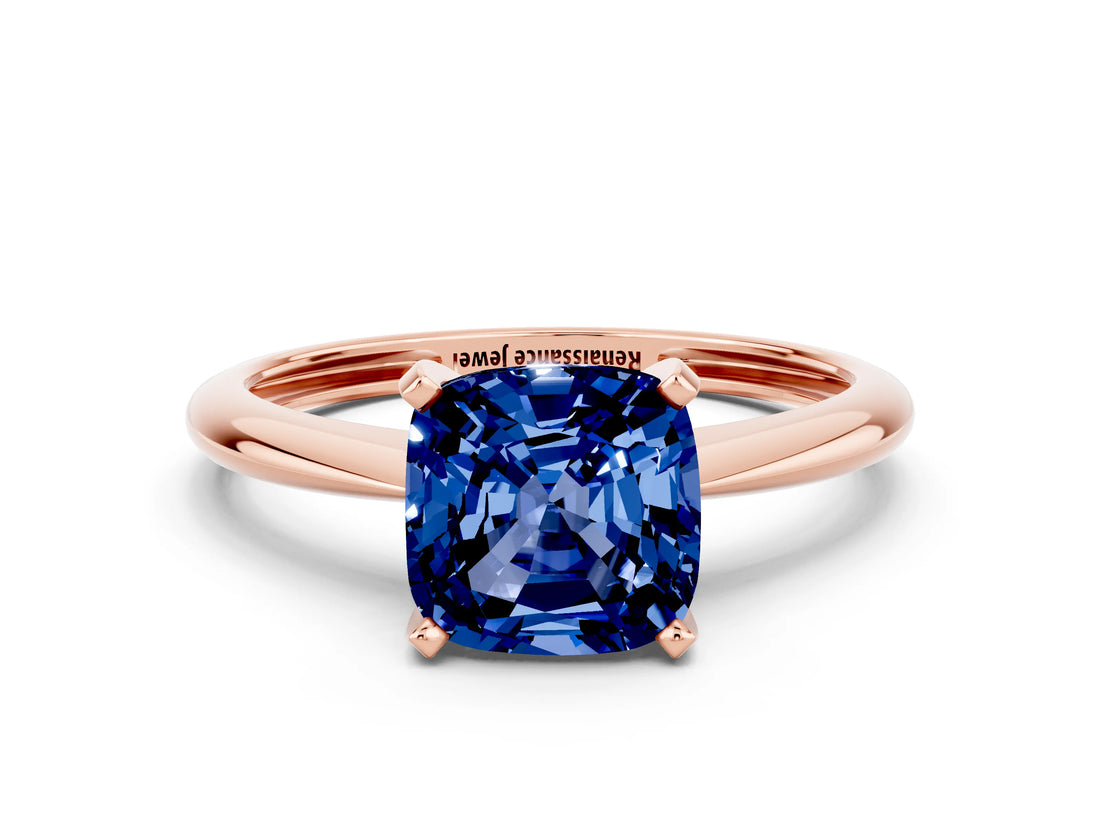 Rose gold Cushion Cut Blue Sapphire Solitaire Engagement Ring with Classic Band and Four-Prong Setting_12