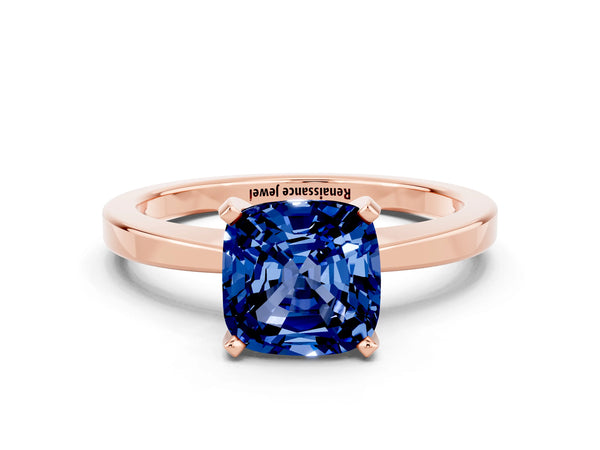 Rose gold Cushion Cut Blue Sapphire Solitaire Engagement Ring with Classic Band and Four-Prong Setting