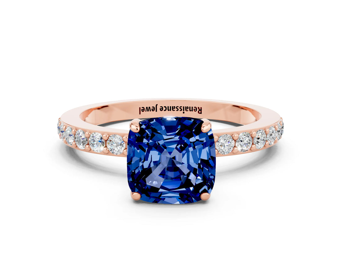 Rose gold Cushion Cut Blue Sapphire Solitaire Engagement Ring with Pavé Band and Four-Prong Setting