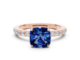 Rose gold Cushion Cut Blue Sapphire Solitaire Engagement Ring with Pavé Band and Four-Prong Setting
