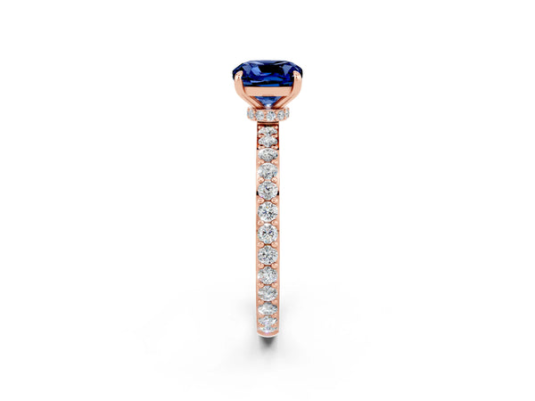 Rose gold Cushion Cut Blue Sapphire Solitaire Engagement Ring with Pavé Band and Four-Prong Setting