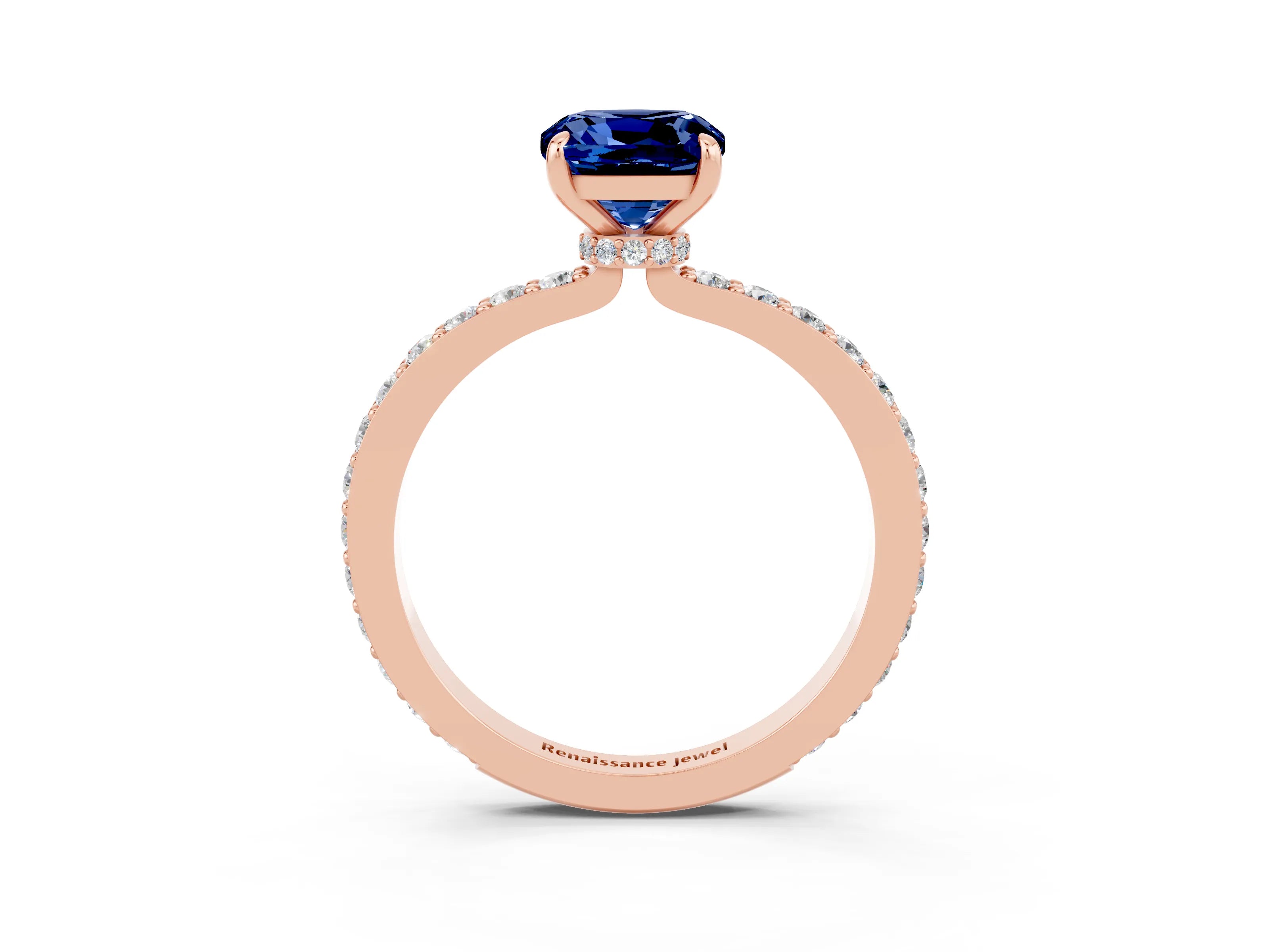 Rose gold Cushion Cut Blue Sapphire Solitaire Engagement Ring with Pavé Band and Four-Prong Setting_3
