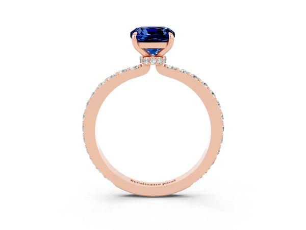 Rose gold Cushion Cut Blue Sapphire Solitaire Engagement Ring with Pavé Band and Four-Prong Setting