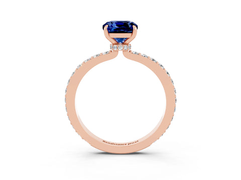 Rose gold Cushion Cut Blue Sapphire Solitaire Engagement Ring with Pavé Band and Four-Prong Setting_3