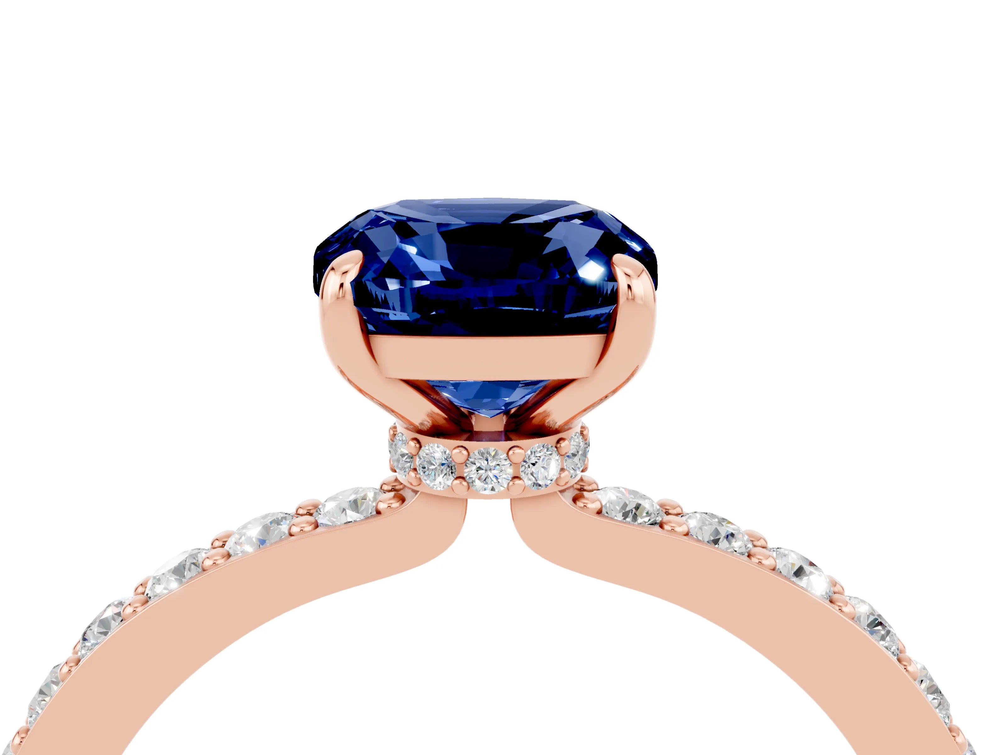 Rose gold Cushion Cut Blue Sapphire Solitaire Engagement Ring with Pavé Band and Four-Prong Setting_4