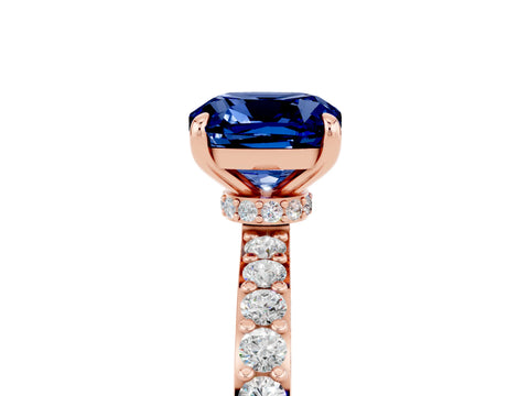 Rose gold Cushion Cut Blue Sapphire Solitaire Engagement Ring with Pavé Band and Four-Prong Setting_5