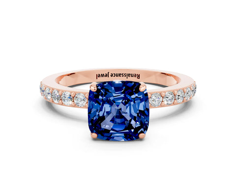 Rose gold Cushion Cut Blue Sapphire Solitaire Engagement Ring with Pavé Band and Four-Prong Setting