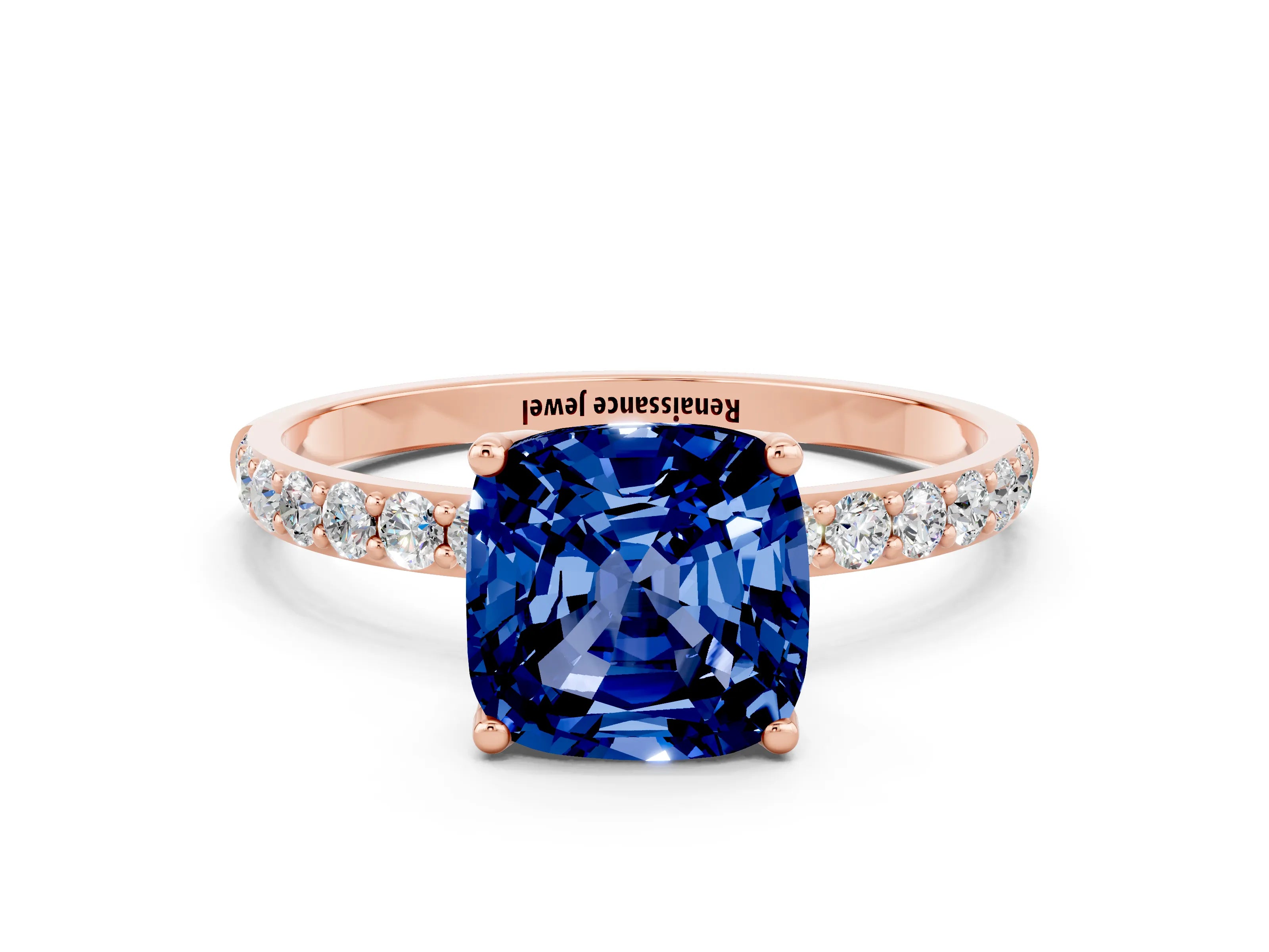 Rose gold Cushion Cut Blue Sapphire Solitaire Engagement Ring with Pavé Band and Prong Setting