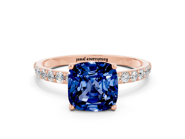 Rose gold Cushion Cut Blue Sapphire Solitaire Engagement Ring with Round  Pavé Band and Prong Setting