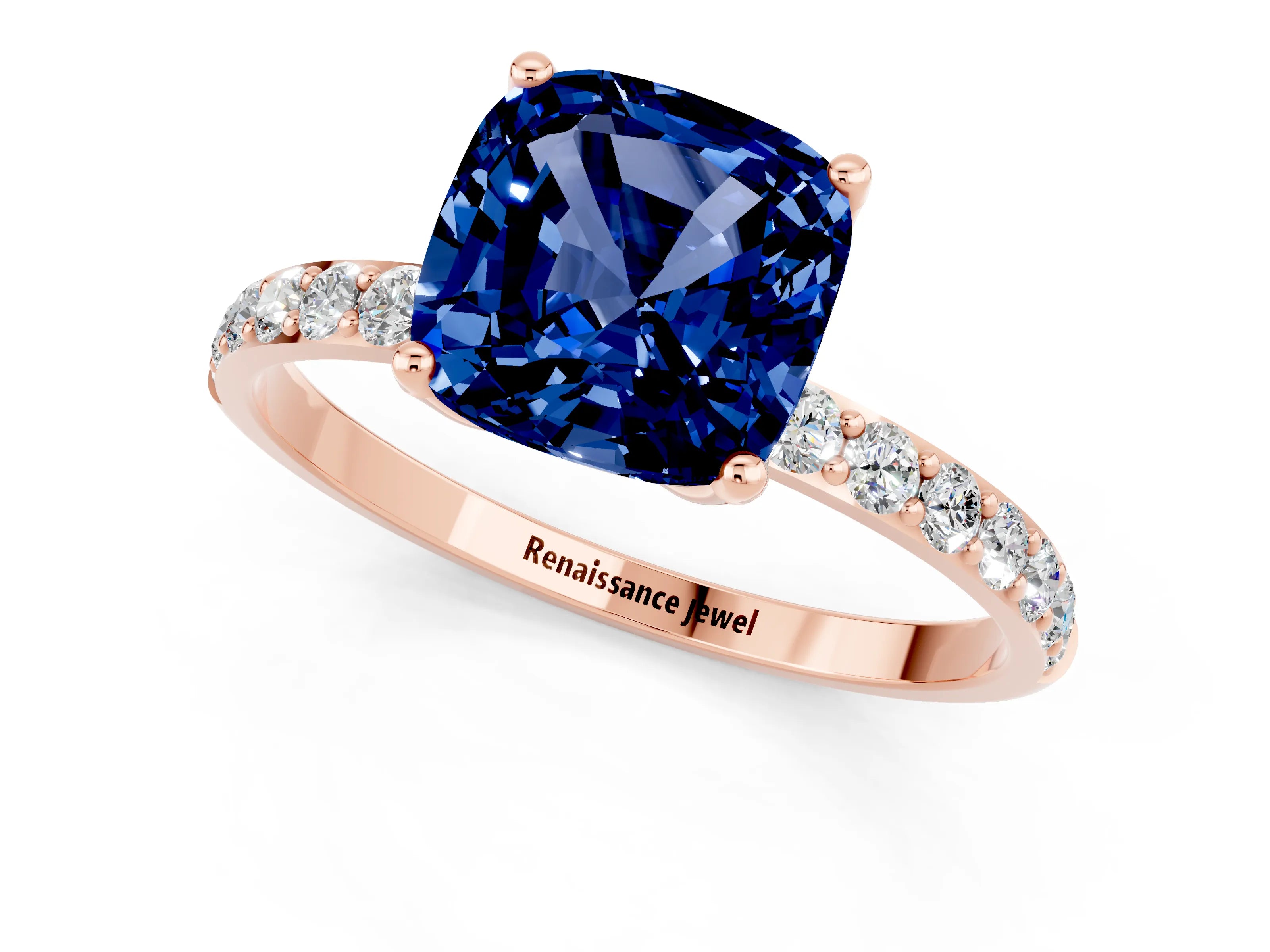 Rose gold Cushion Cut Blue Sapphire Solitaire Engagement Ring with Pavé Band and Prong Setting_1