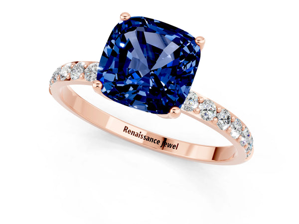 Rose gold Cushion Cut Blue Sapphire Solitaire Engagement Ring with Round  Pavé Band and Prong Setting