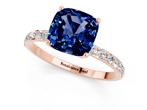 Rose gold Cushion Cut Blue Sapphire Solitaire Engagement Ring with Pavé Band and Prong Setting_1