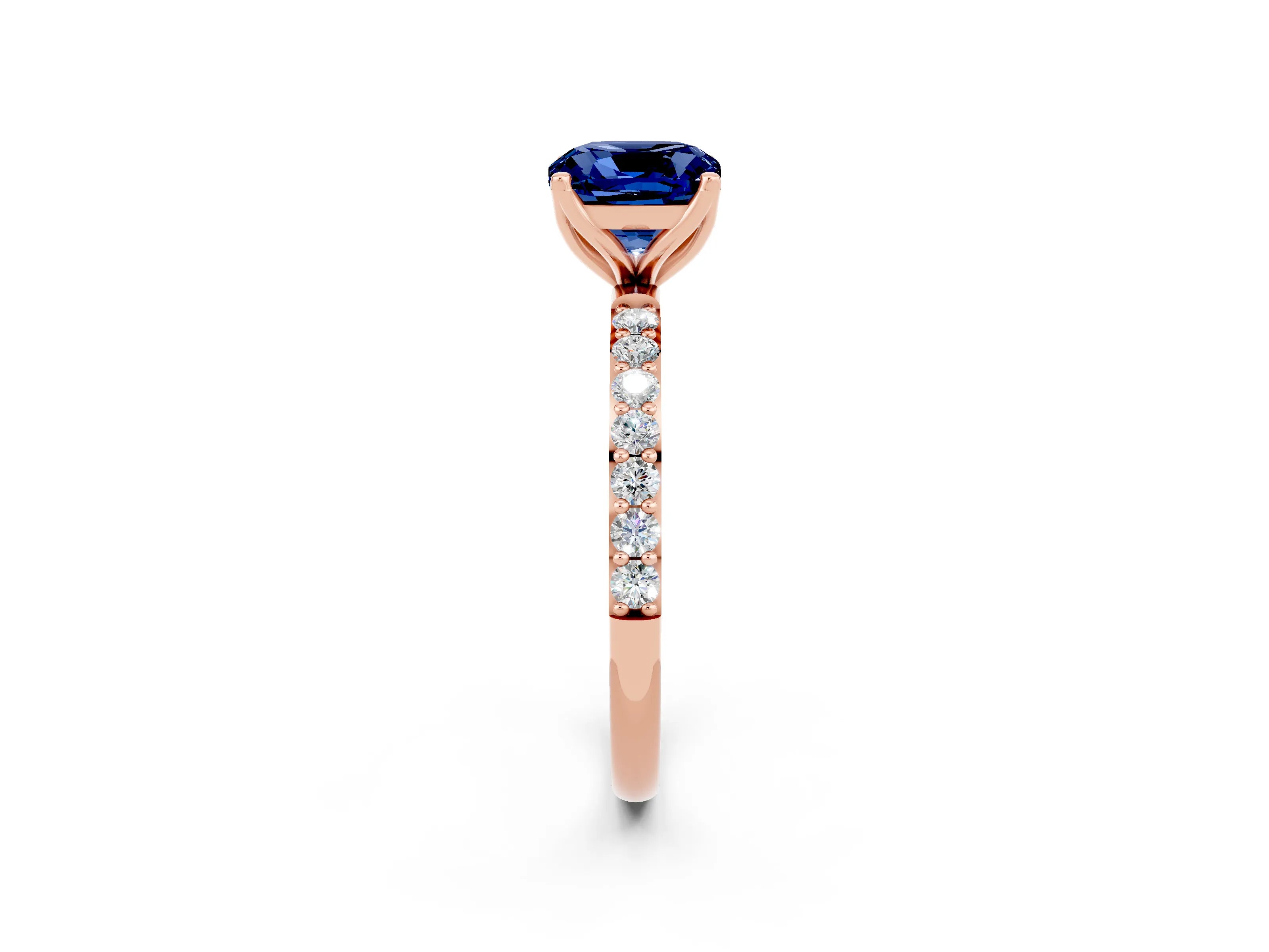Rose gold Cushion Cut Blue Sapphire Solitaire Engagement Ring with Pavé Band and Prong Setting_2