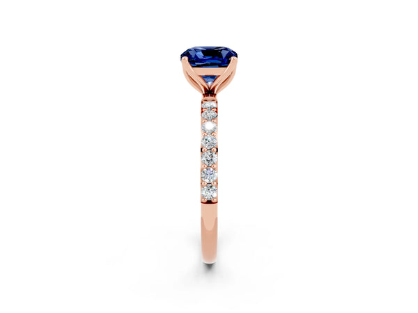 Rose gold Cushion Cut Blue Sapphire Solitaire Engagement Ring with Round  Pavé Band and Prong Setting
