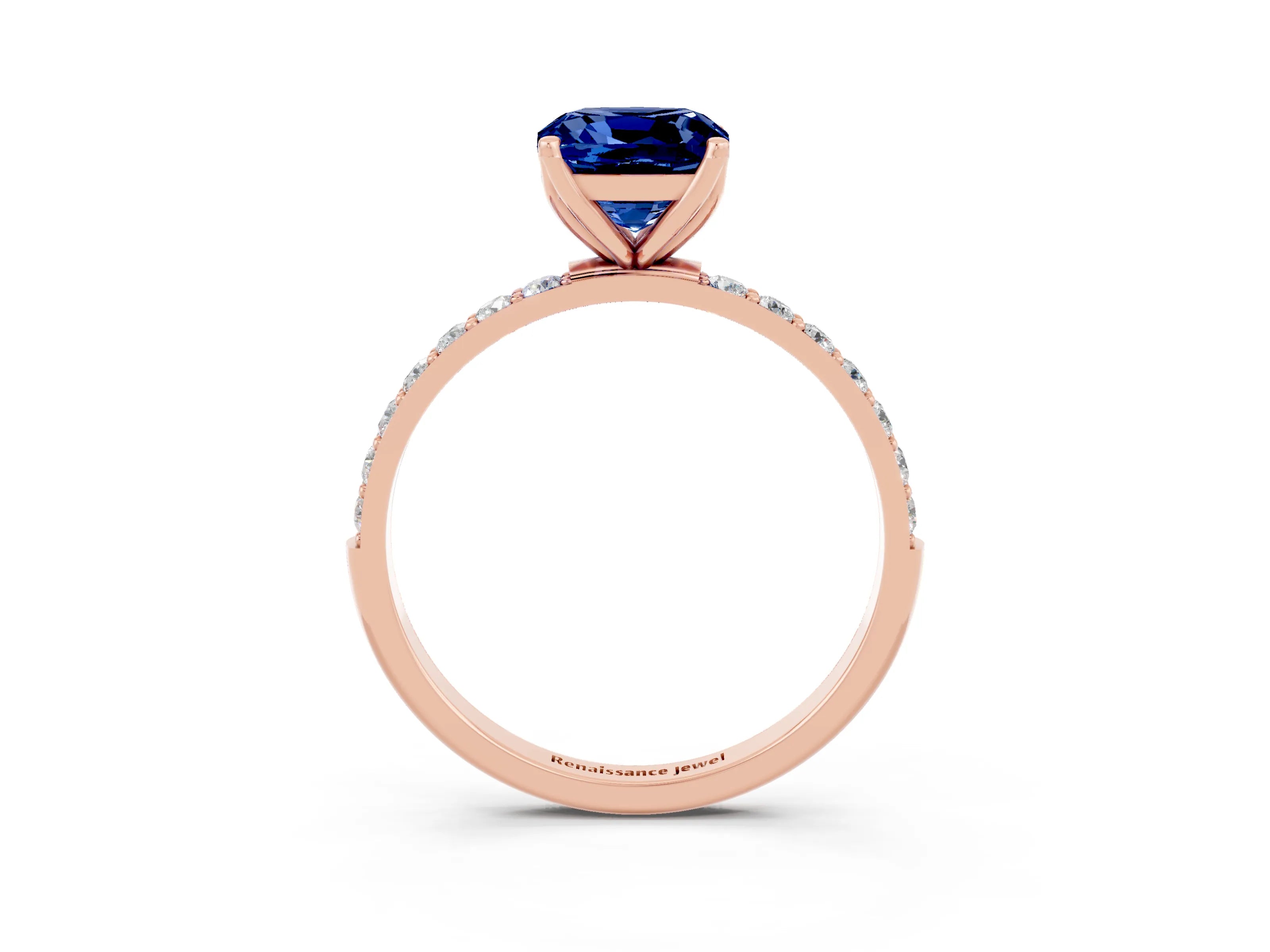 Rose gold Cushion Cut Blue Sapphire Solitaire Engagement Ring with Pavé Band and Prong Setting_3