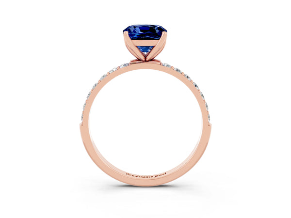 Rose gold Cushion Cut Blue Sapphire Solitaire Engagement Ring with Round  Pavé Band and Prong Setting