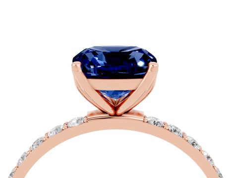 Rose gold Cushion Cut Blue Sapphire Solitaire Engagement Ring with Pavé Band and Prong Setting_4