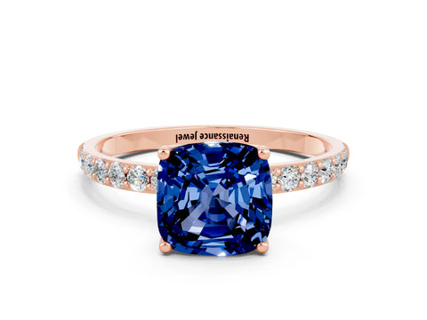 Rose gold Cushion Cut Blue Sapphire Solitaire Engagement Ring with Pavé Band and Prong Setting
