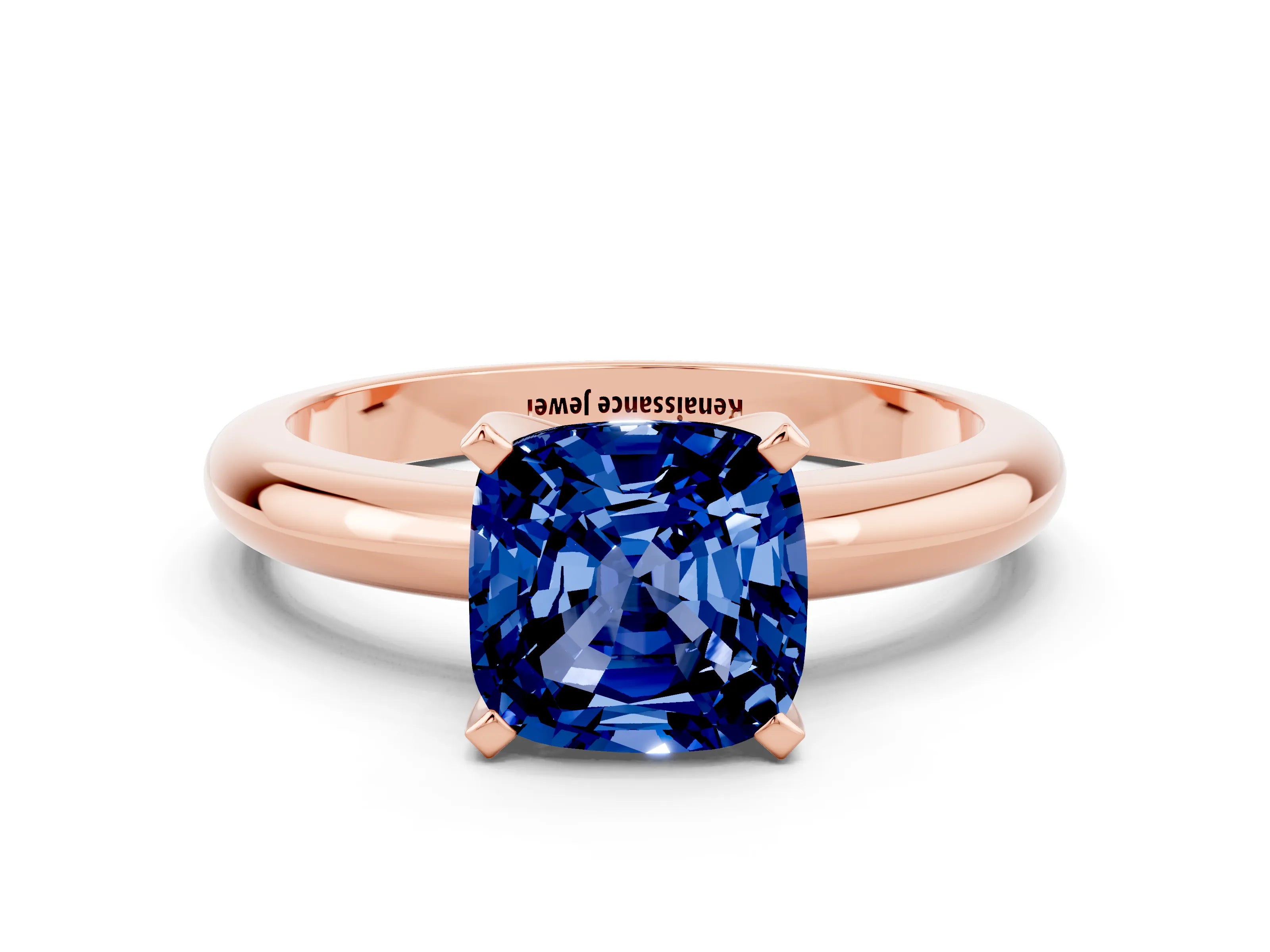 Rose gold Cushion Cut Blue Sapphire Solitaire Engagement Ring with Round Band and Four-Prong Setting