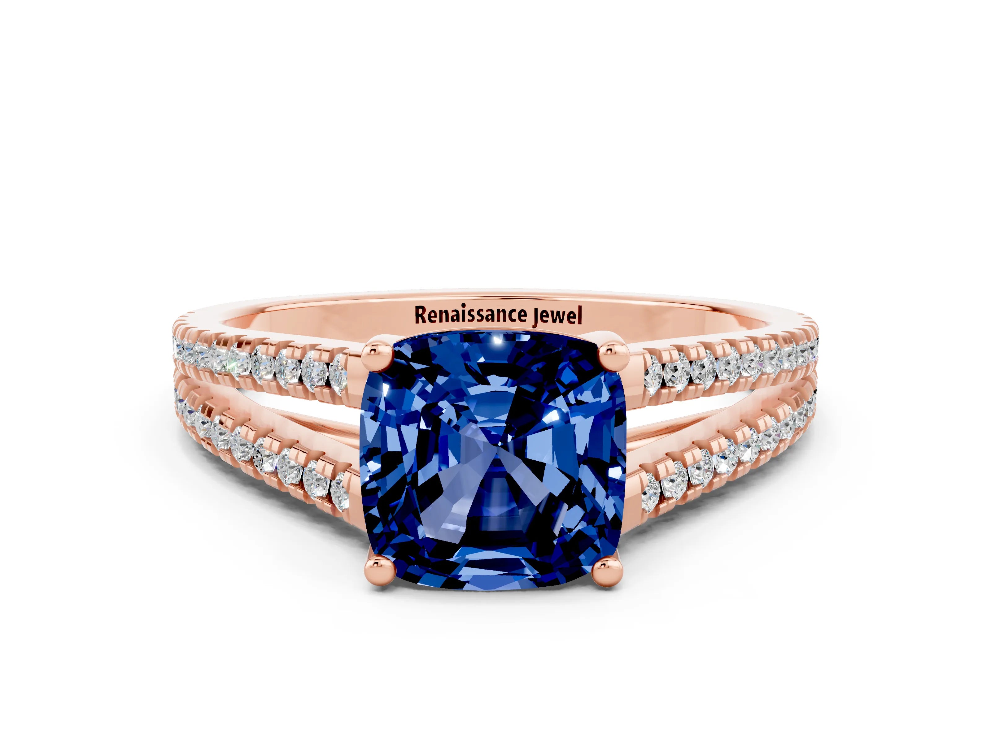Rose gold Cushion Cut Blue Sapphire Solitaire Engagement Ring with Split Shank Pavé Band