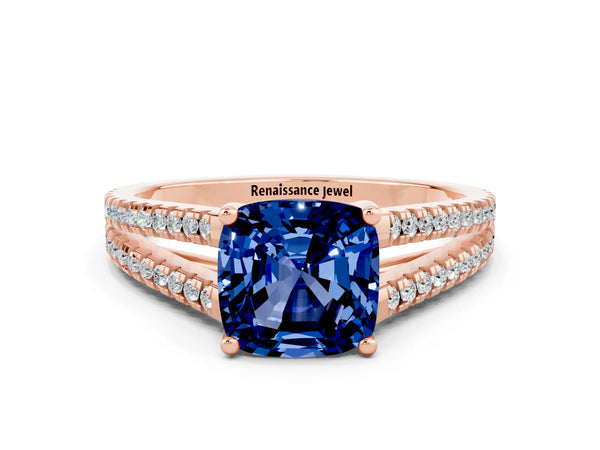 Rose gold Cushion Cut Blue Sapphire Solitaire Engagement Ring with Split Shank Pavé Band