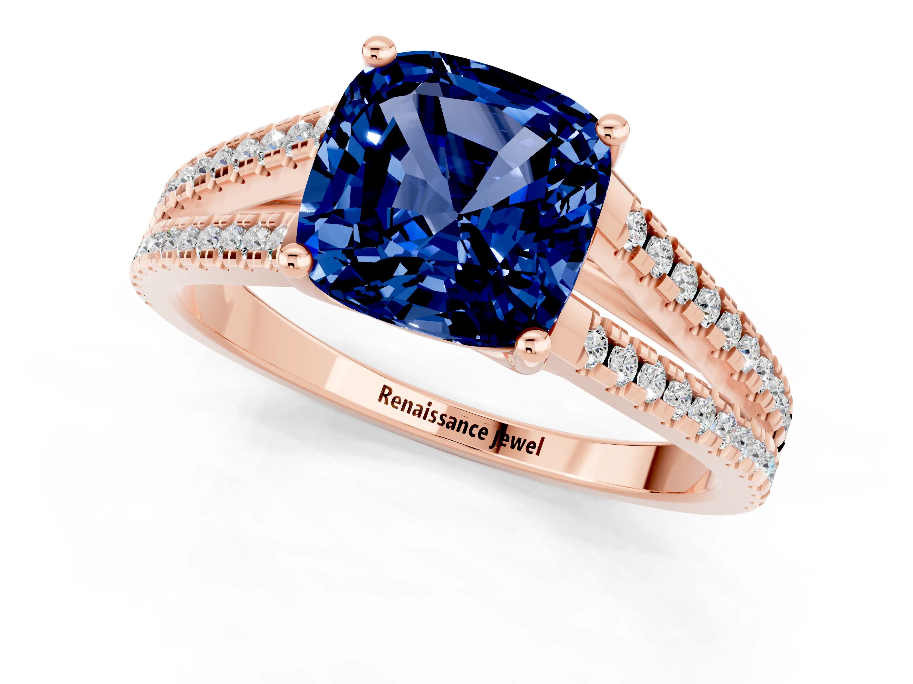 Rose gold Cushion Cut Blue Sapphire Solitaire Engagement Ring with Split Shank Pavé Band_1